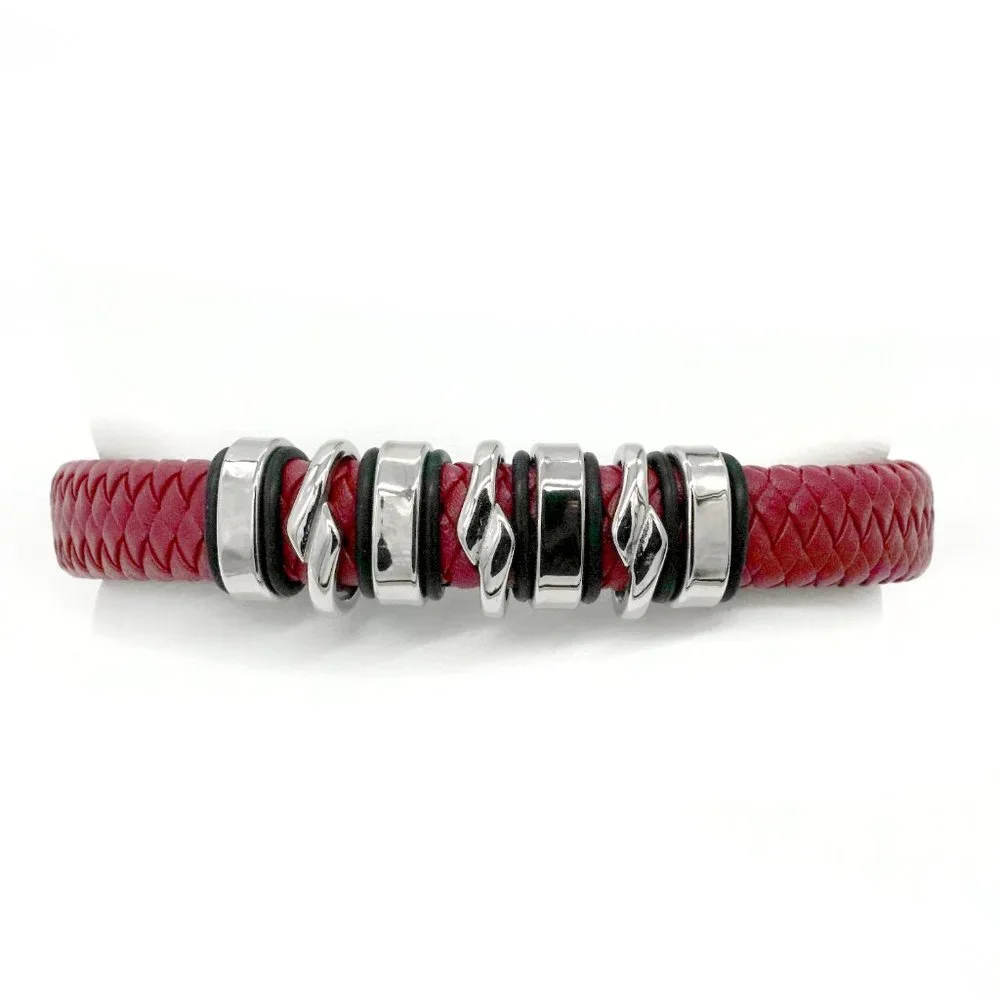 Men's red leather bracelet with magnetic clasp. - Picture 2 of 4